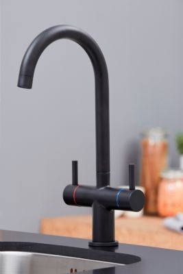 EVO SHANNON MATT BLACK MONO DUAL LEVER SWAN NECK KITCHEN SINK MIXER TAP with SWIVEL SPOUT, KTAP003MB EVO SHANNON MATT BLACK MONO DUAL LEVER SWAN NECK KITCHEN SINK MIXER TAP with SWIVEL SPOUT, KTAP003MB